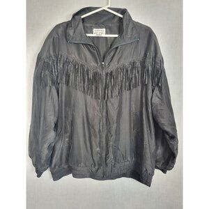 WOMENS VINTAGE 80s BLACK FRINGE SILK JACKET SIZE 2XL RETRO LIGHTWEIGHT SASSY FUN